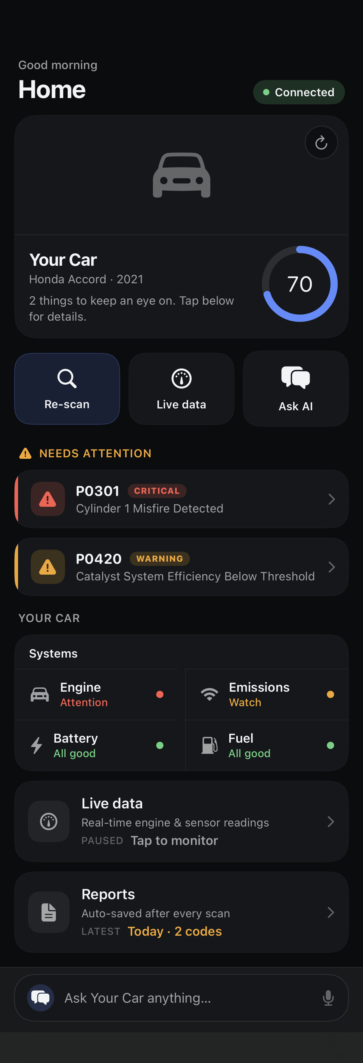 Scan results showing trouble codes P0301 and P0420