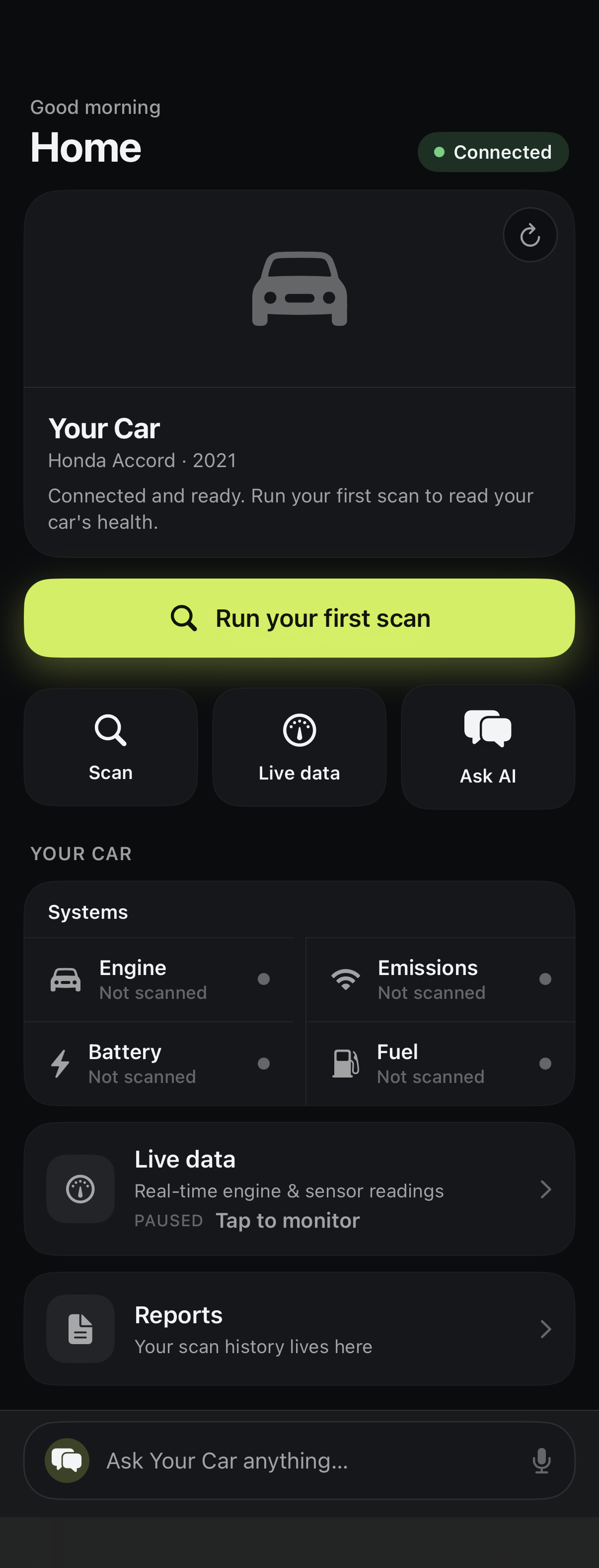 OBD Pilot home screen showing vehicle health